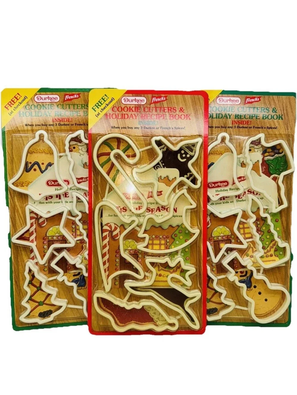 3 NEW VTG Durkee French's Christmas Cookie Cutters Recipe Book Bell Star Santa